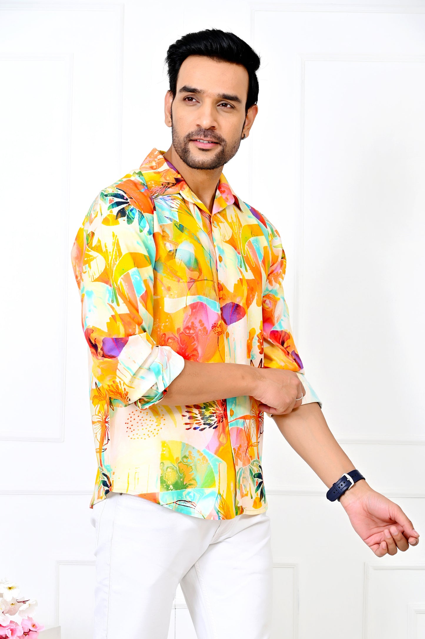 Men’s Yellow Floral Full Sleeve Shirt – Resort Wear Holiday Outfit