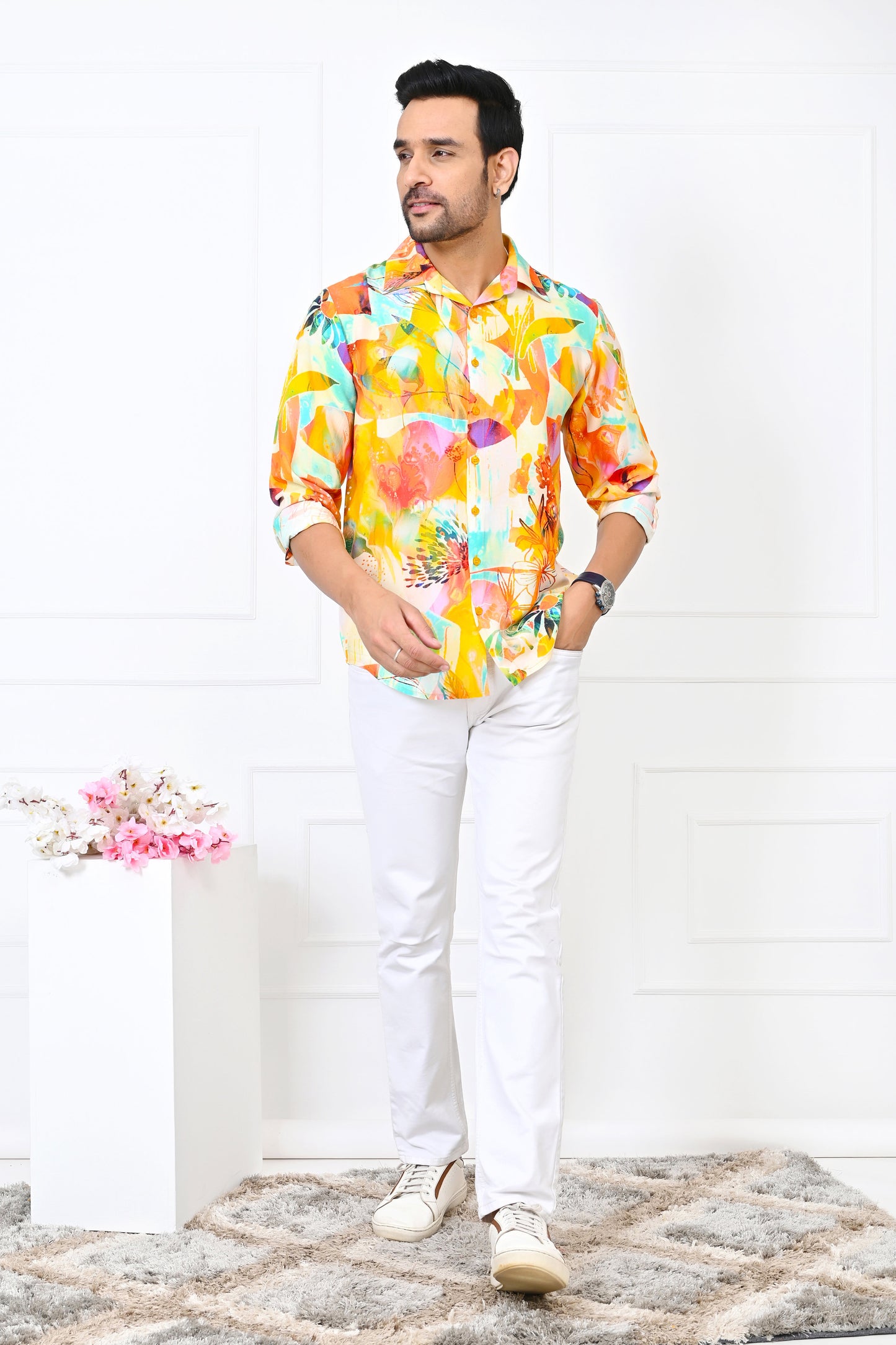 Men’s Yellow Floral Full Sleeve Shirt – Resort Wear Holiday Outfit