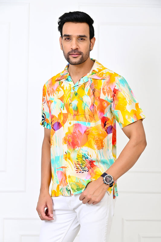 Men’s Yellow Floral Short Sleeve Shirt – Summer Beach Resort Outfit