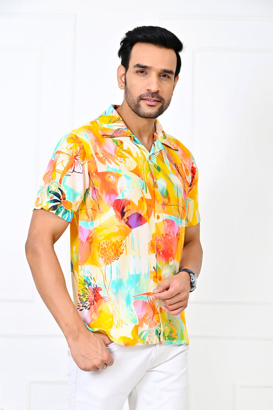 Men’s Yellow Floral Short Sleeve Shirt – Summer Beach Resort Outfit