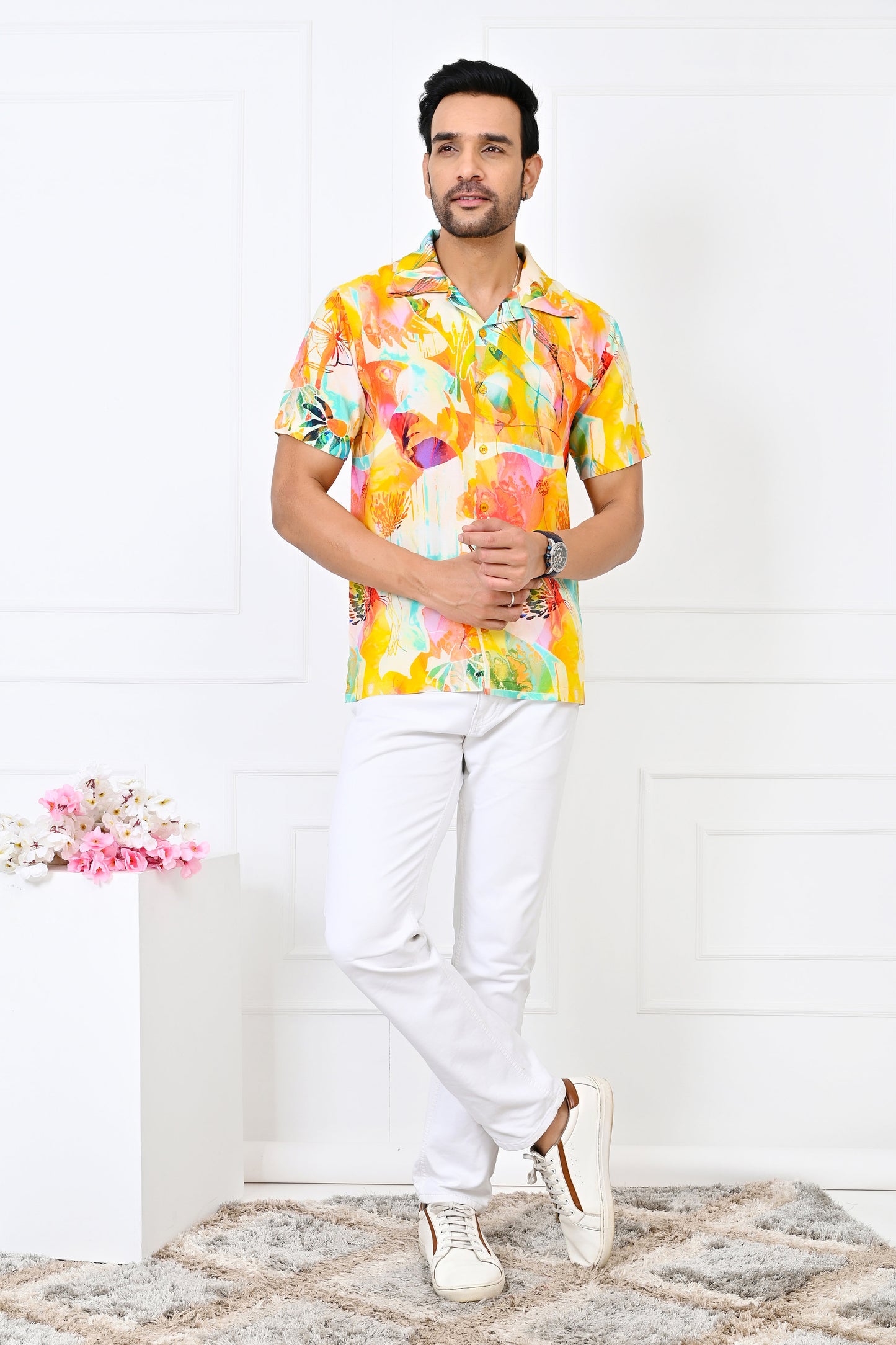Men’s Yellow Floral Short Sleeve Shirt – Summer Beach Resort Outfit