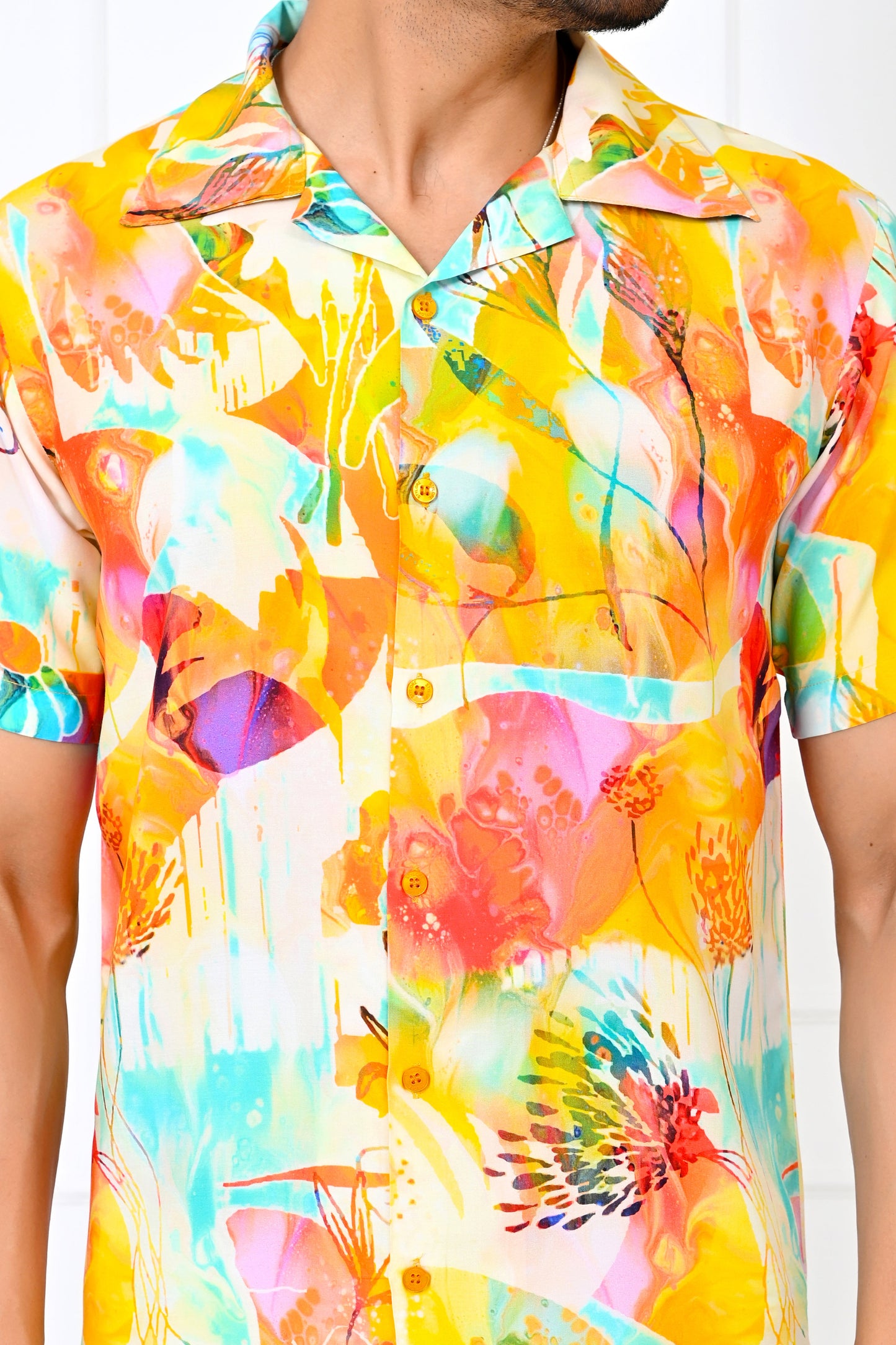 Men’s Yellow Floral Short Sleeve Shirt – Summer Beach Resort Outfit