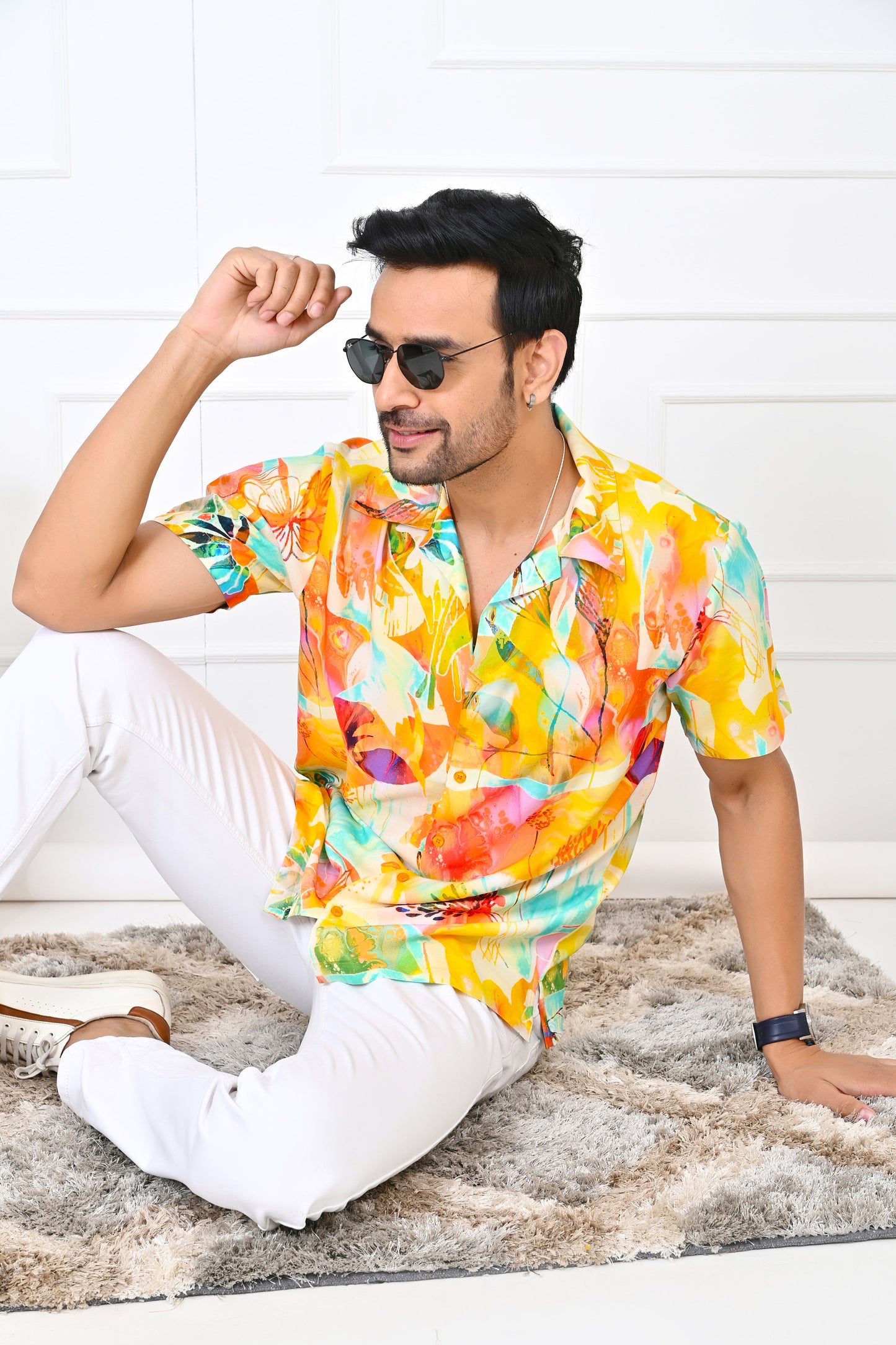 Men’s Yellow Floral Short Sleeve Shirt – Summer Beach Resort Outfit