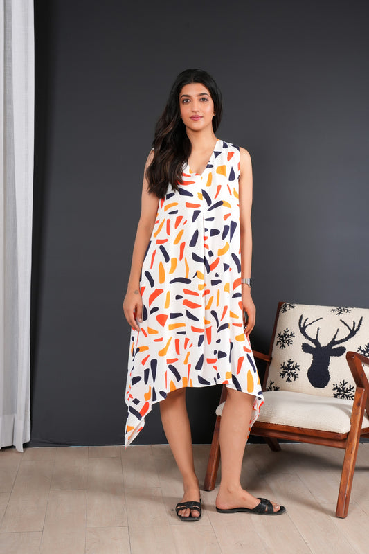 Sleeveless Midi A-Line Dress for Women – Tropical Print Resort Wear