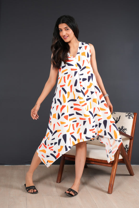 Sleeveless Midi A-Line Dress for Women – Tropical Print Resort Wear