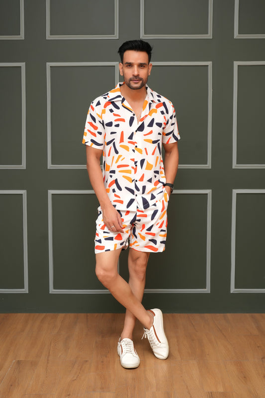 Men’s Tropical Co-Ord Set – Cabana Collar Shirt & Shorts Vacation Wear