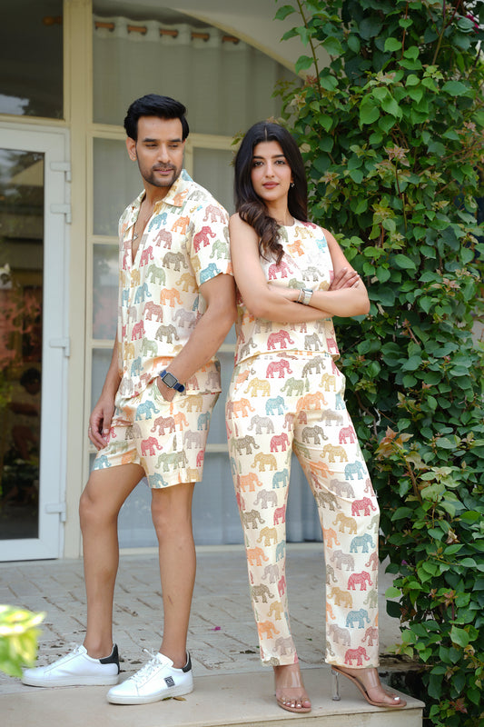 Couple Matching Beach Co Ord Set – Shirt and Shorts Outfit for Honeymoon Vacation and Resort Holiday