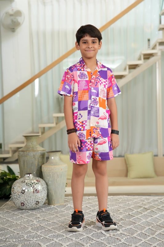 Boy’s Flamingo Print Co-Ord Set – Tropical Shirt & Shorts for Summer Beach Vacations