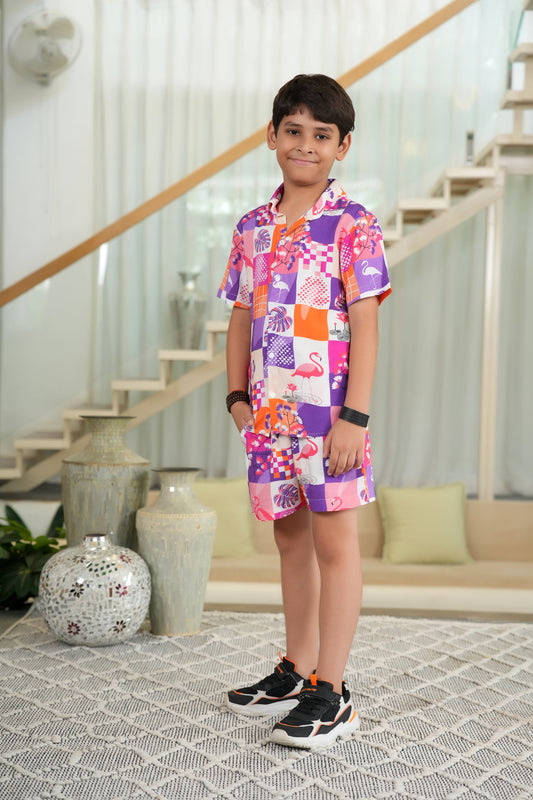 Boy’s Flamingo Print Co-Ord Set – Tropical Shirt & Shorts for Summer Beach Vacations