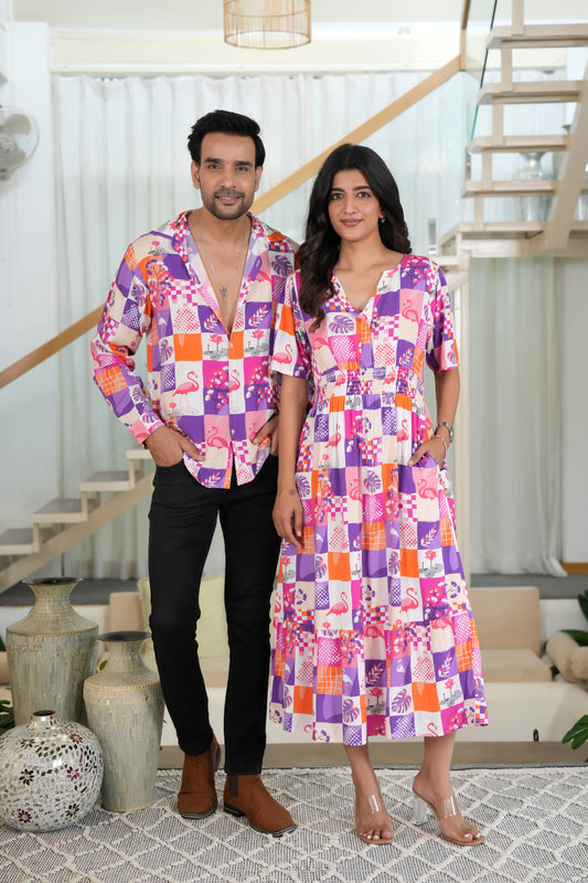 Couple Flamingo Print Matching Outfit – Shirt & Dress Set for Resort Vacations