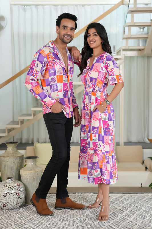 Couple Flamingo Print Matching Outfit – Shirt & Dress Set for Resort Vacations