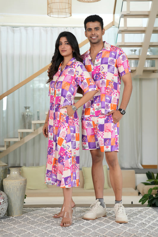 Couple Co-Ord Set – Flamingo Print Shirt & Dress Combo for Beach Holidays