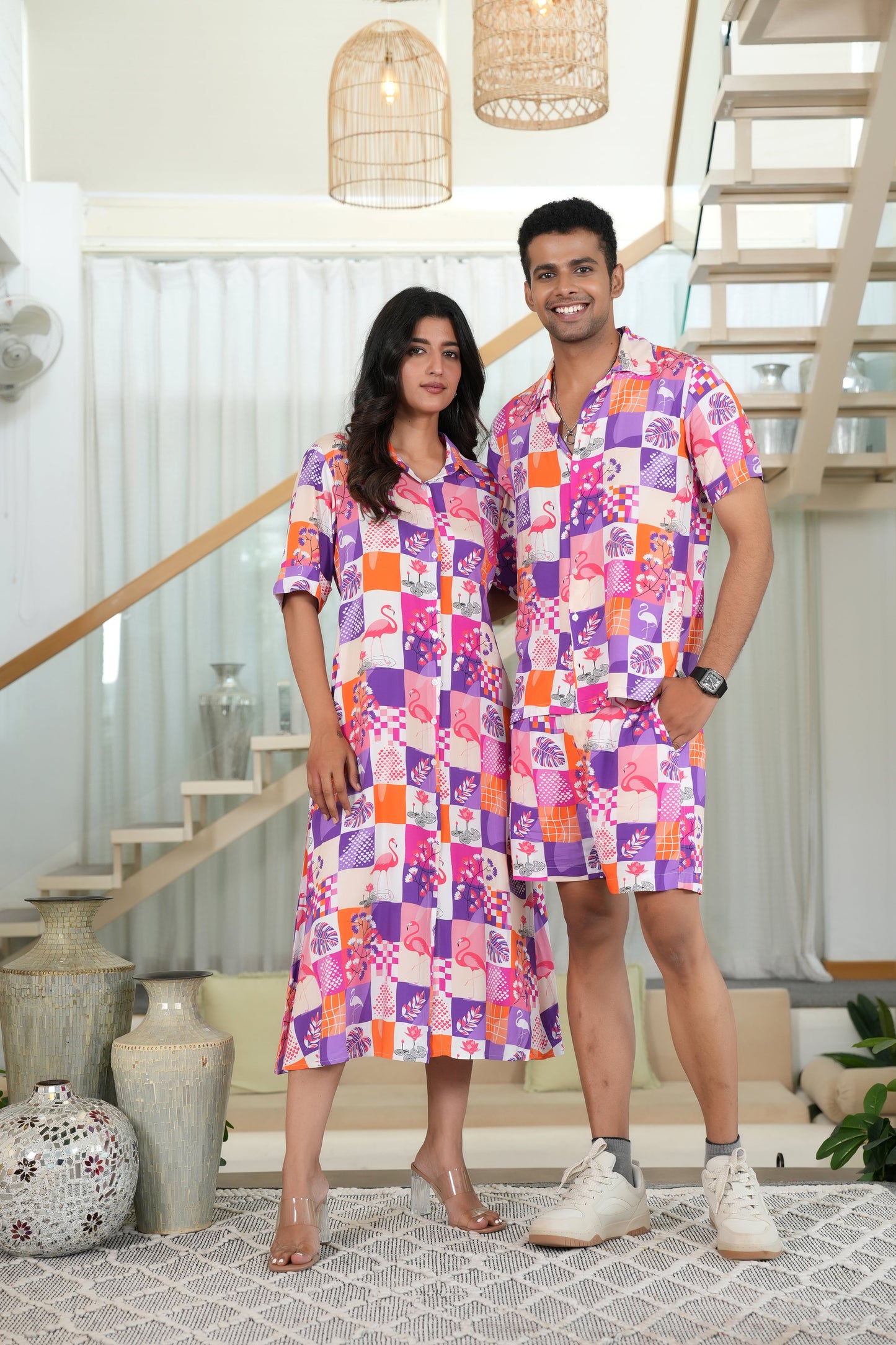 Couple Co-Ord Set – Flamingo Print Shirt & Dress Combo for Beach Holidays