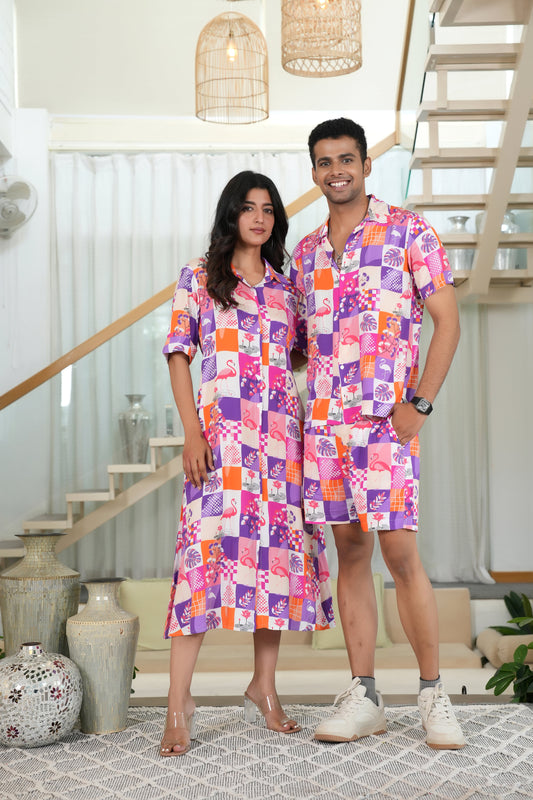 Couple Co-Ord Set – Flamingo Print Shirt & Dress Combo for Beach Holidays