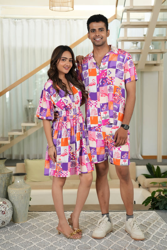 His & Her Summer Flamingo Set – Men’s Shirt & Women’s Dress for Beach Resorts