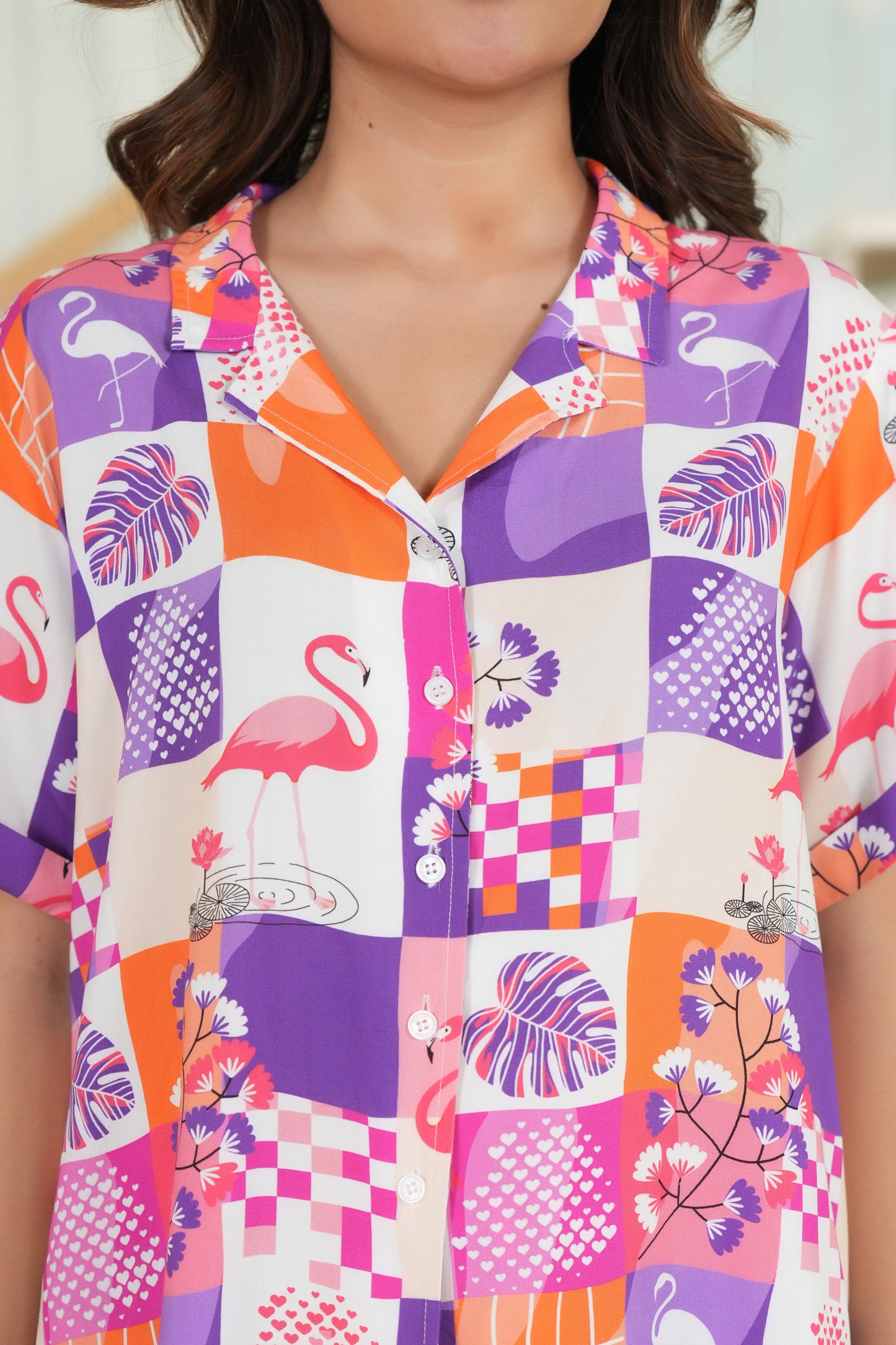 Women’s Flamingo Print Co-Ord Set – Tropical Shirt & Shorts Resort Wear