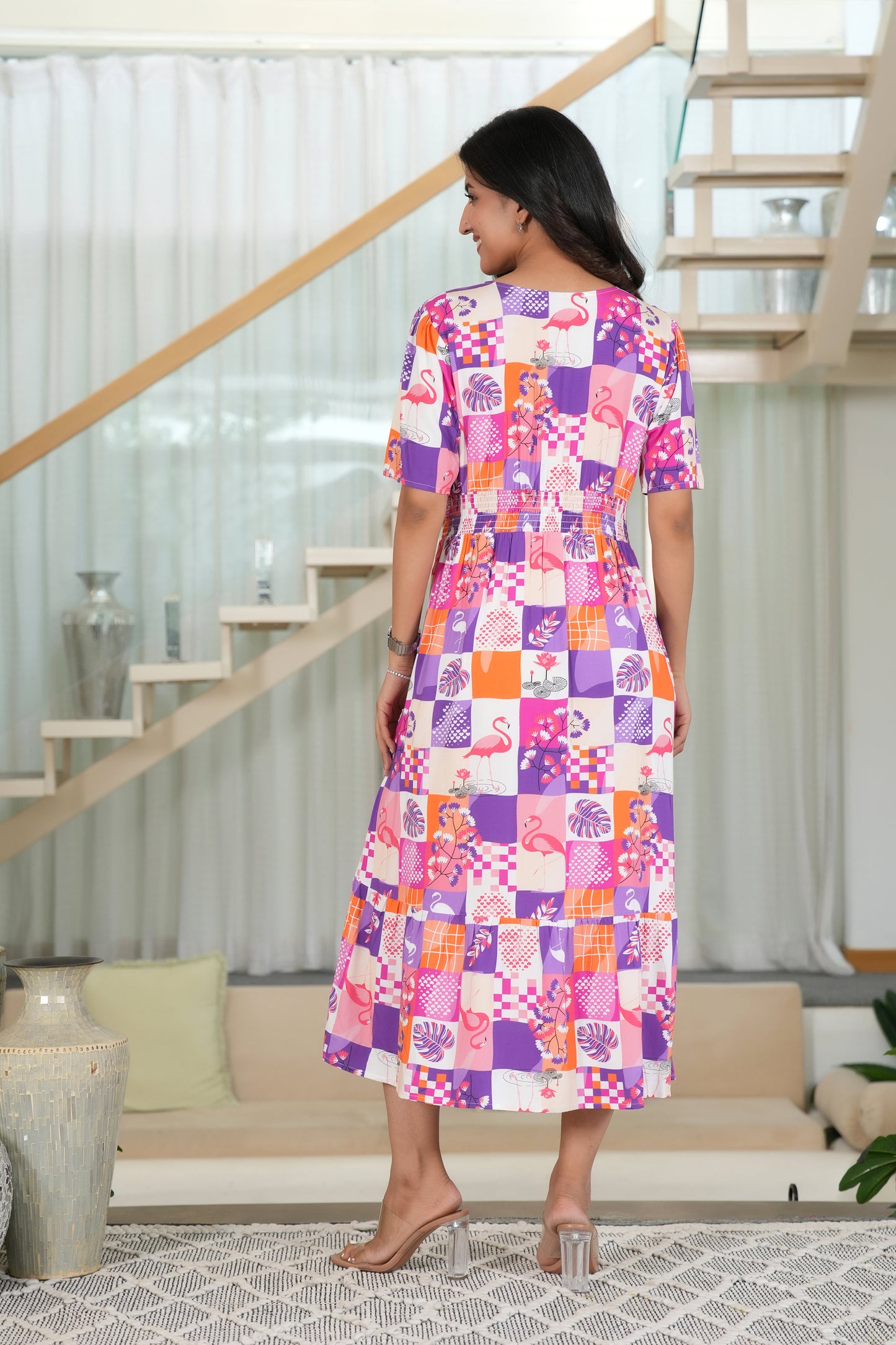 Women’s Flamingo Midi Dress – Printed Summer Vacation Dress