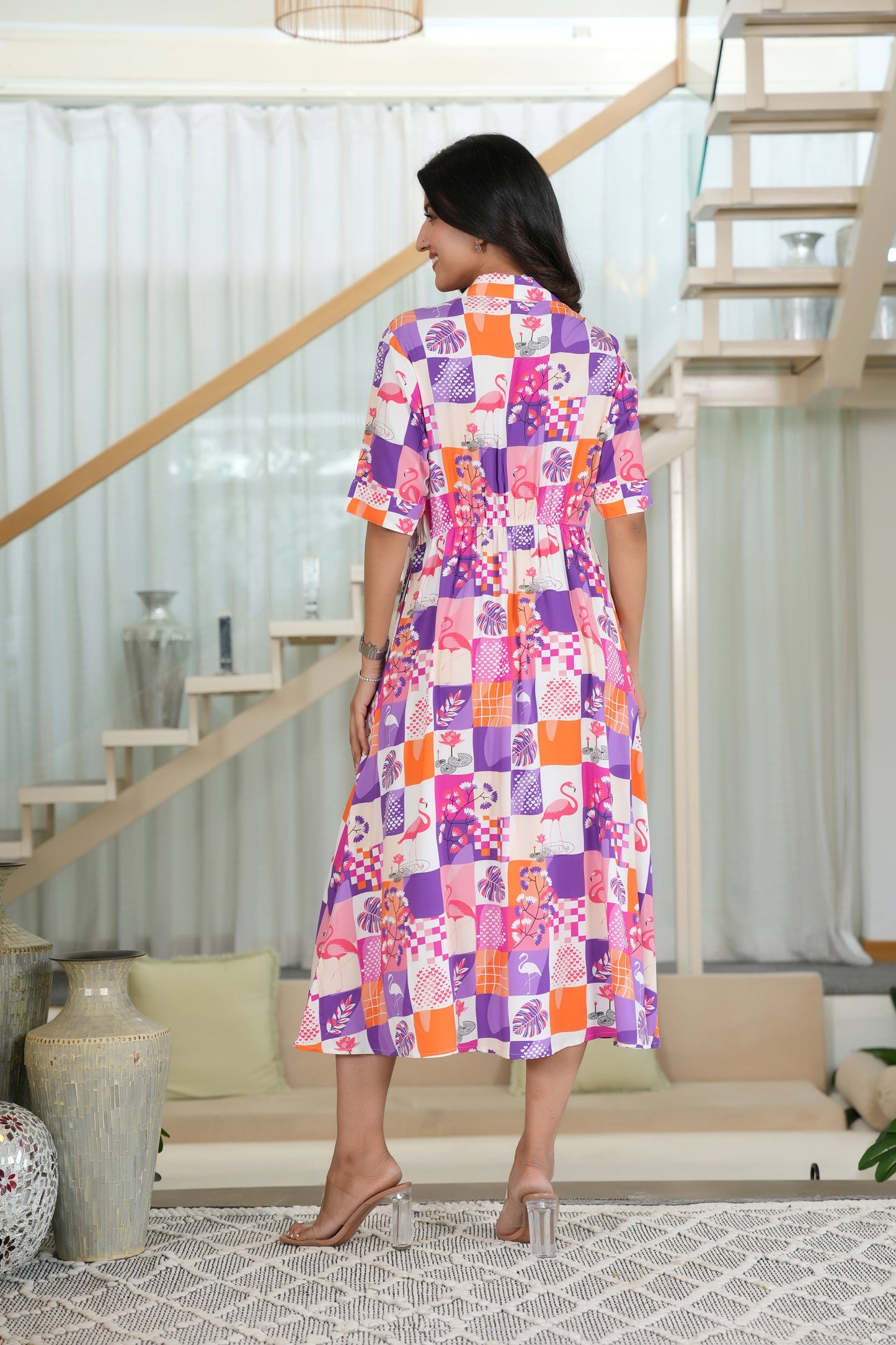 Women’s Short Sleeve Flamingo Midi Dress – Resort Wear for Summer Holidays