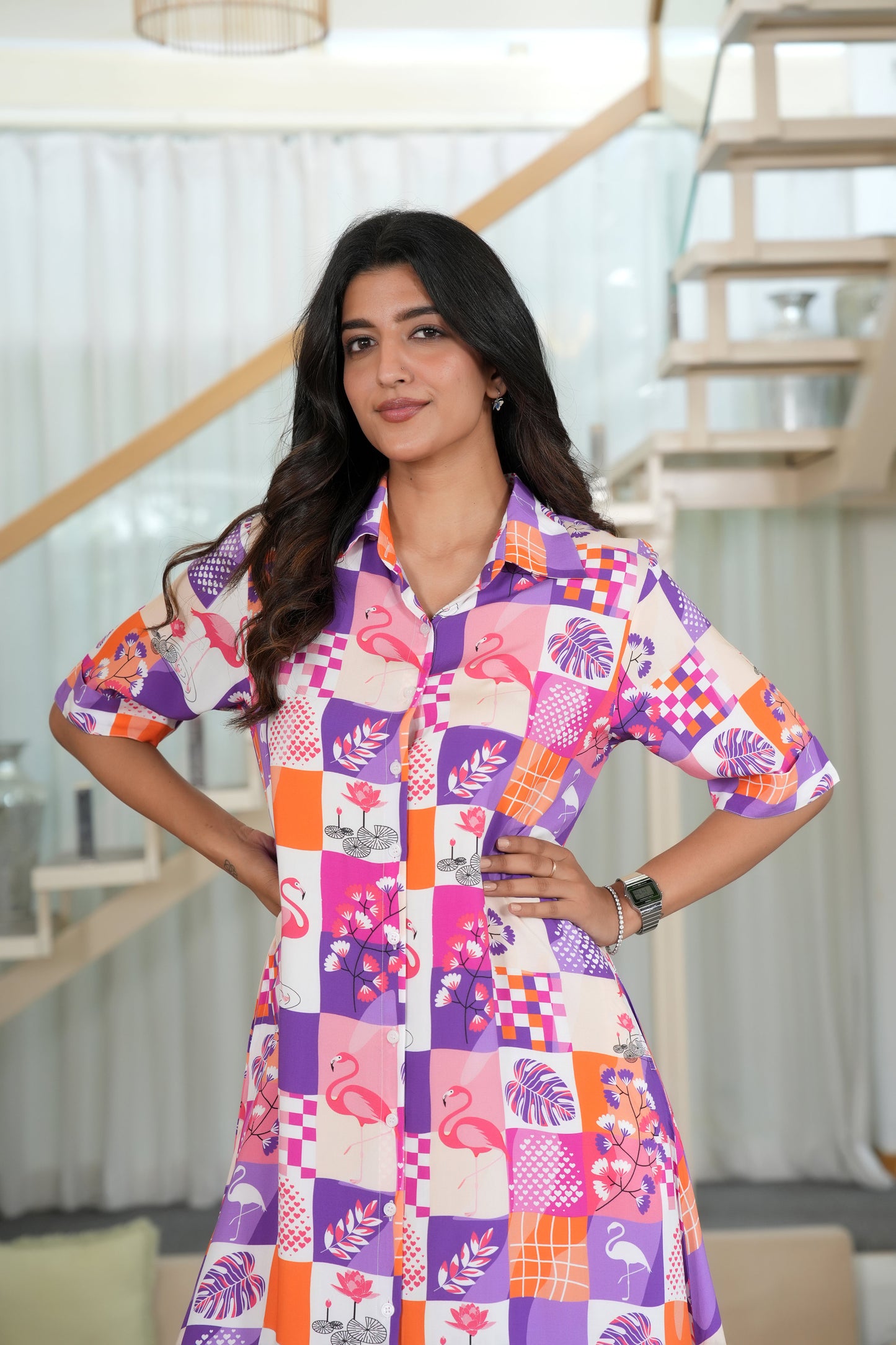 Women’s Short Sleeve Flamingo Midi Dress – Resort Wear for Summer Holidays