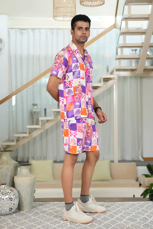 Men’s Flamingo Co-Ord Set – Tropical Shirt & Shorts for Beach Vacations