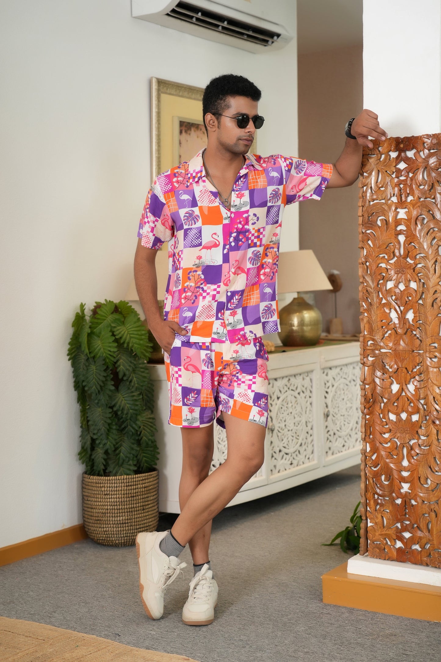 Men’s Flamingo Co-Ord Set – Tropical Shirt & Shorts for Beach Vacations