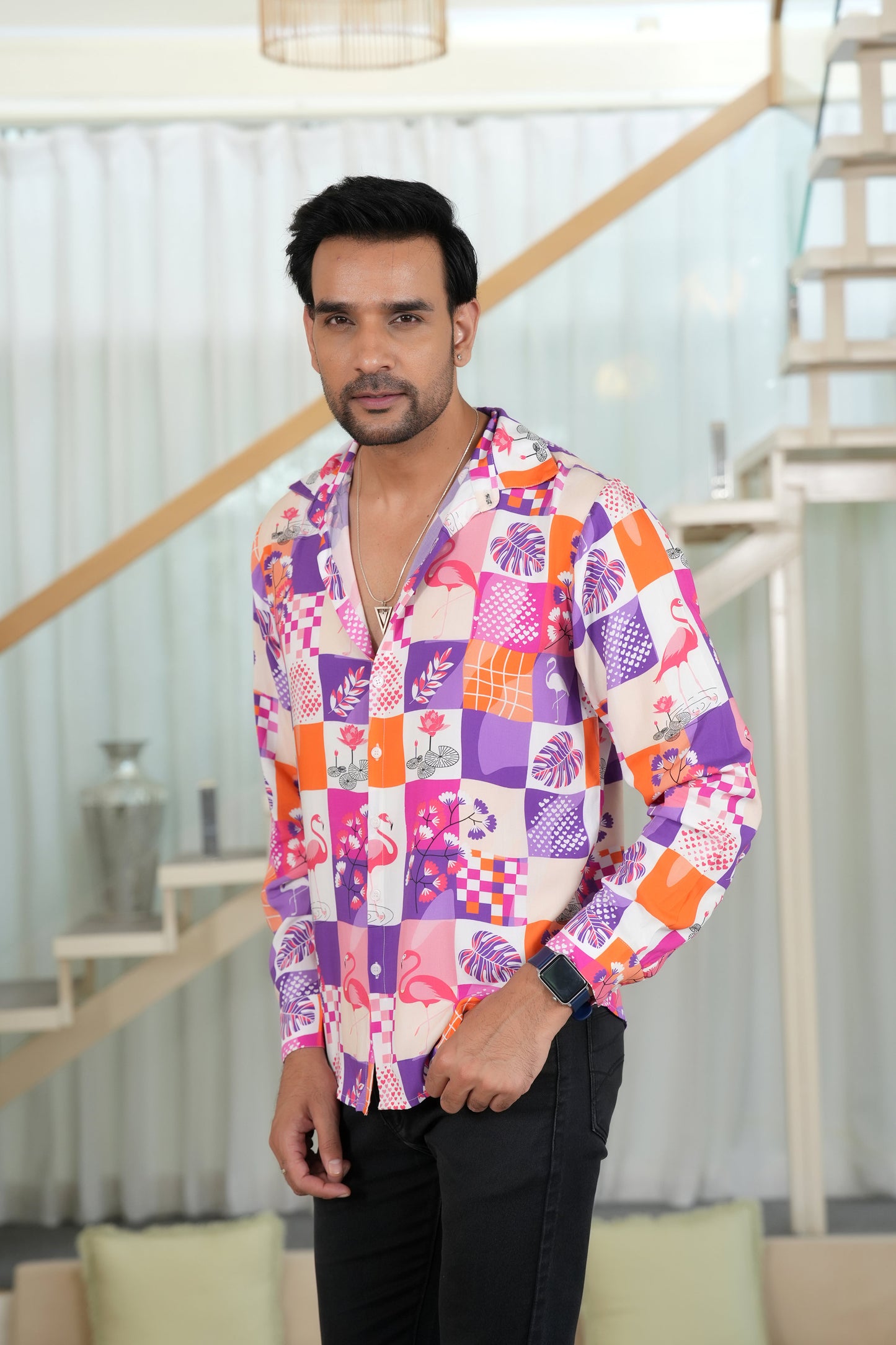 Men’s Full Sleeve Flamingo Shirt – Casual Resort Wear for Vacations