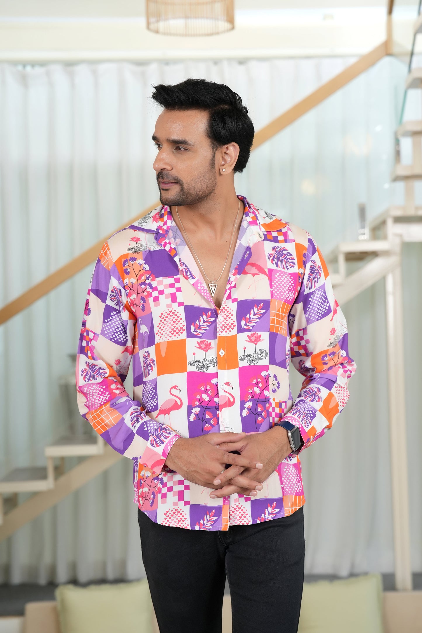 Men’s Full Sleeve Flamingo Shirt – Casual Resort Wear for Vacations