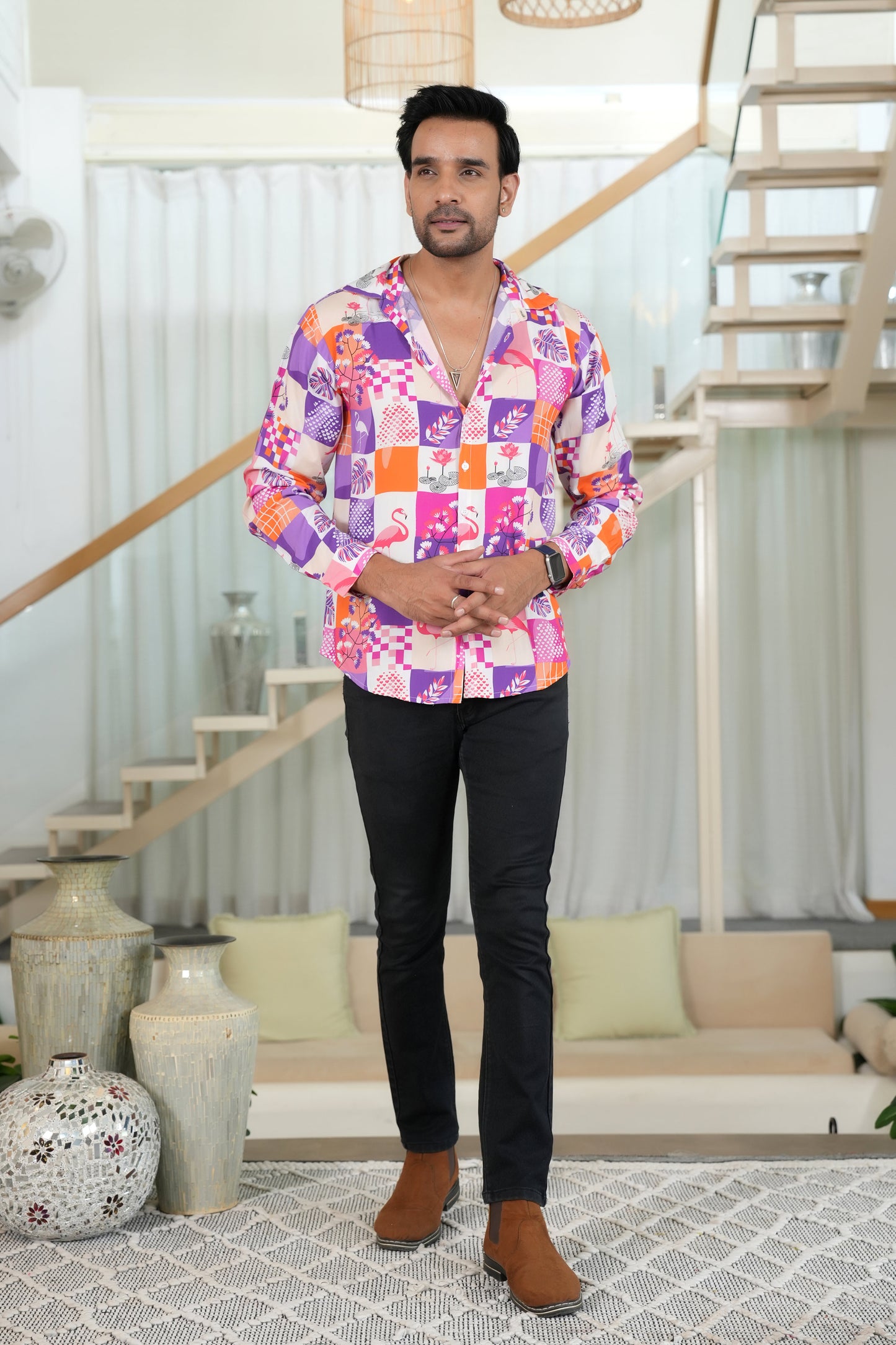 Men’s Full Sleeve Flamingo Shirt – Casual Resort Wear for Vacations