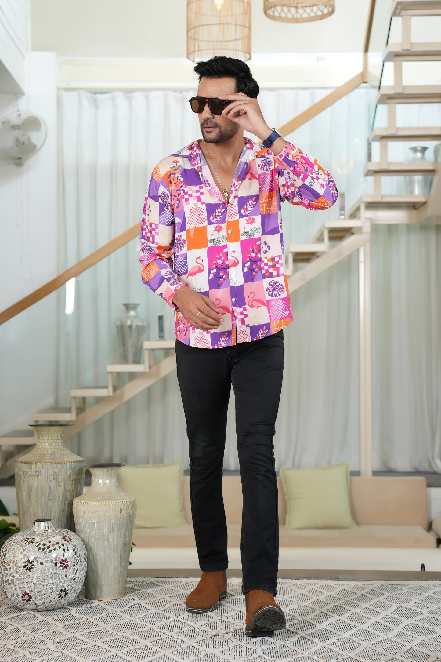 Men’s Full Sleeve Flamingo Shirt – Casual Resort Wear for Vacations