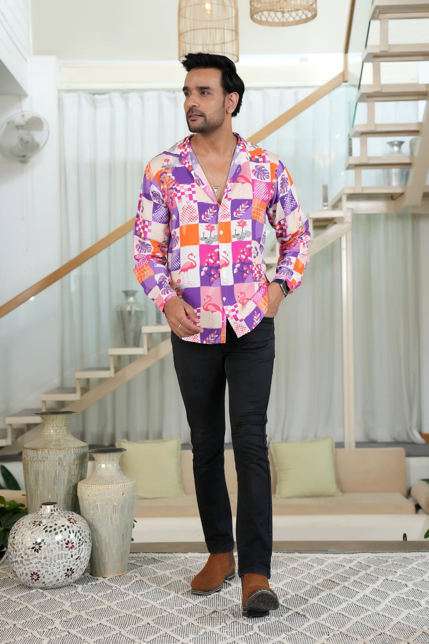 Men’s Full Sleeve Flamingo Shirt – Casual Resort Wear for Vacations