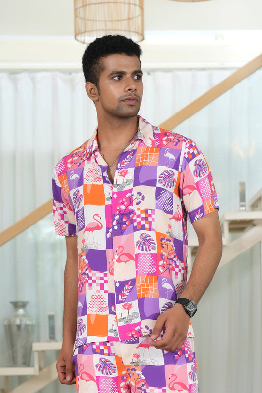 Men’s Short Sleeve Flamingo Shirt – Relaxed Resort Style for Summer Holidays