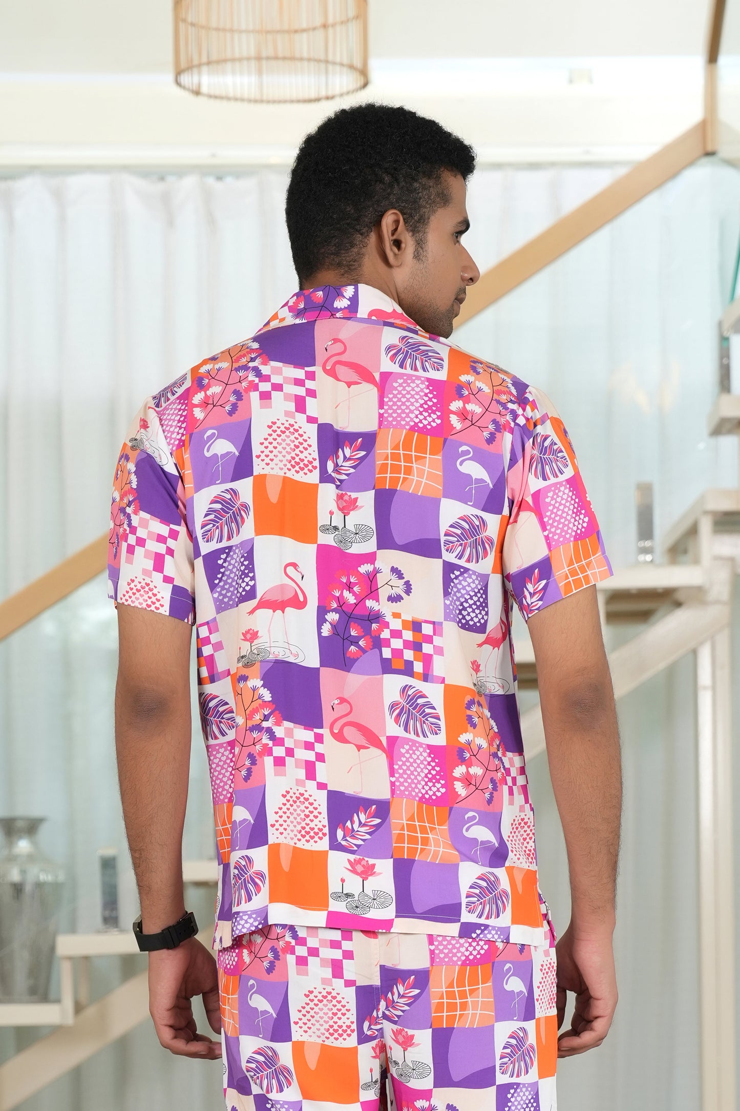 Men’s Short Sleeve Flamingo Shirt – Relaxed Resort Style for Summer Holidays