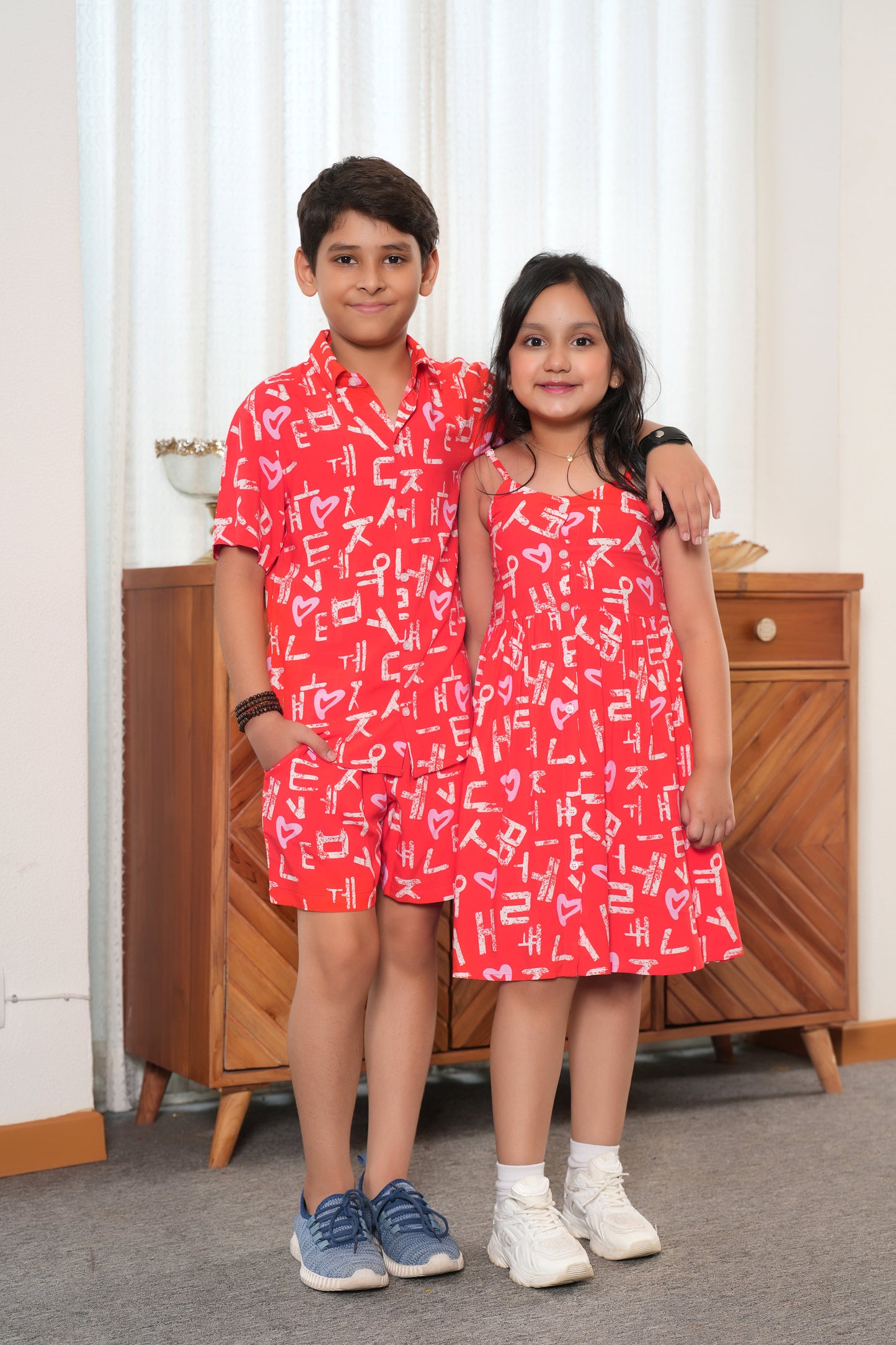 Brother & Sister Matching Outfit – White Tropical Resort Wear