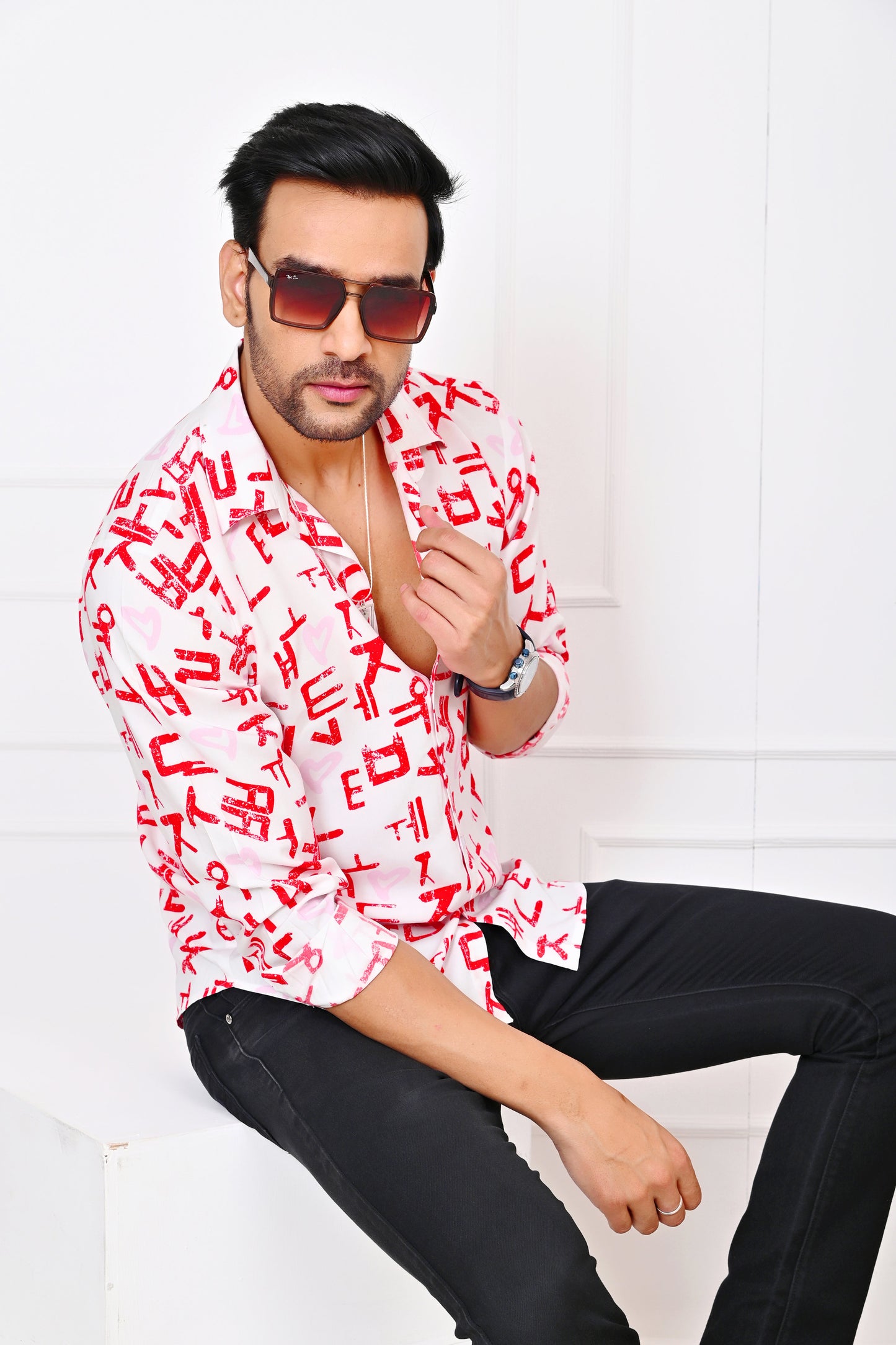 Men’s White Love Script Full Sleeve Shirt – Romantic Valentine Outfit