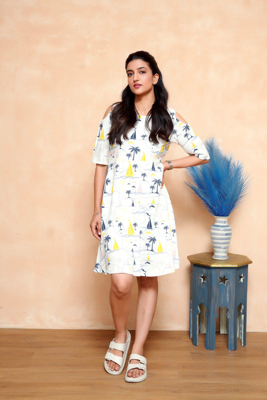 Women's Midi A-Line Dress – Tropical Short Sleeve Resort Wear