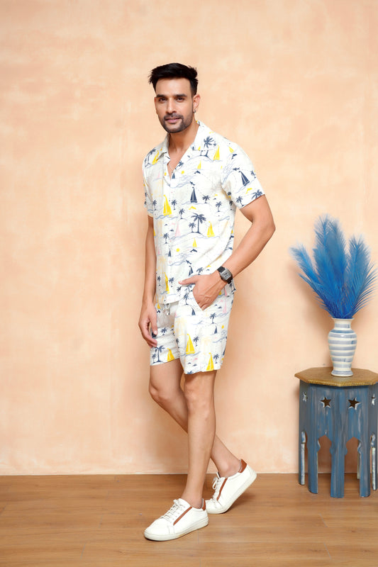 Men’s Tropical Co-Ord Set – Cabana Collar Shirt & Shorts Vacation Wear