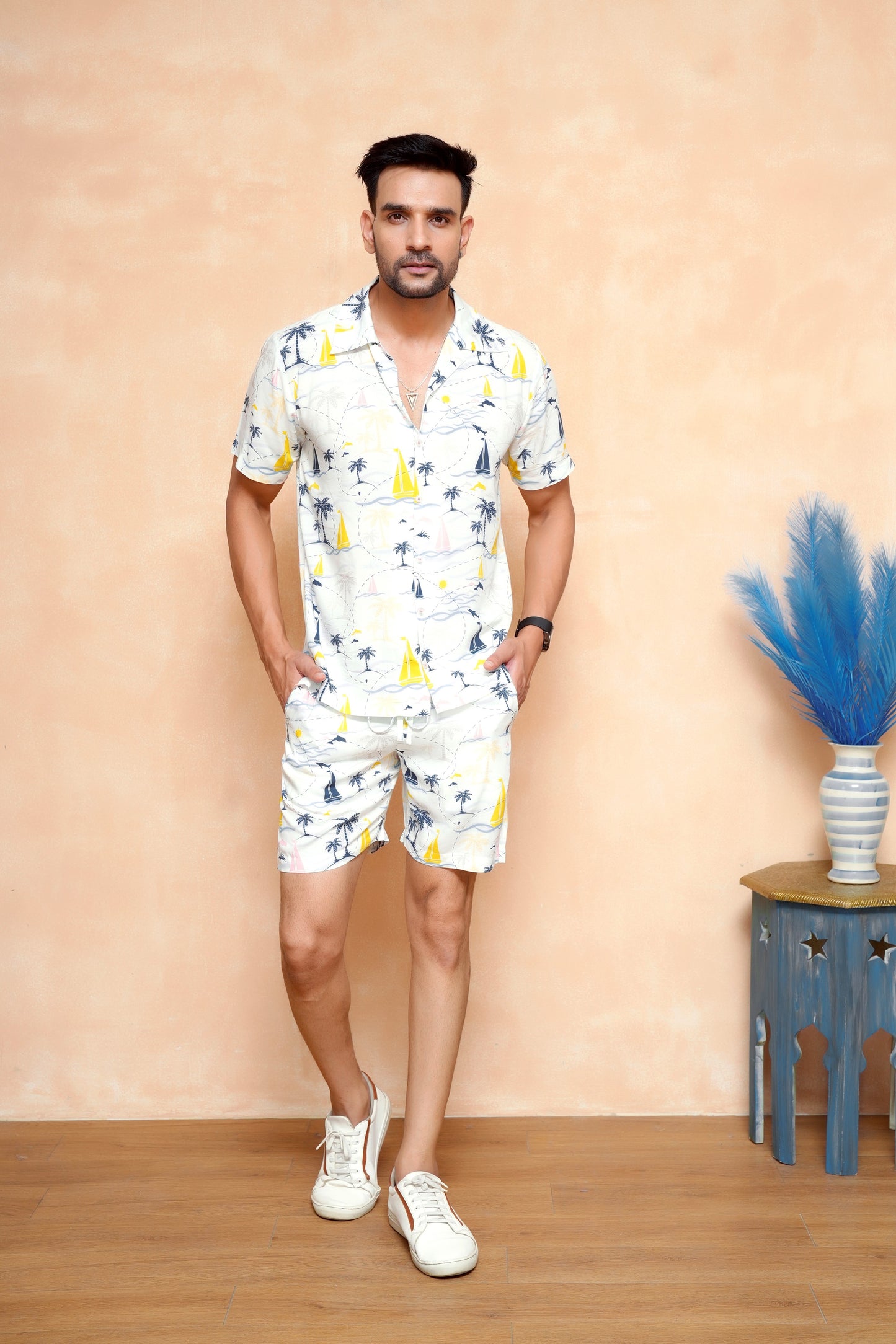 Men’s Tropical Co-Ord Set – Cabana Collar Shirt & Shorts Vacation Wear