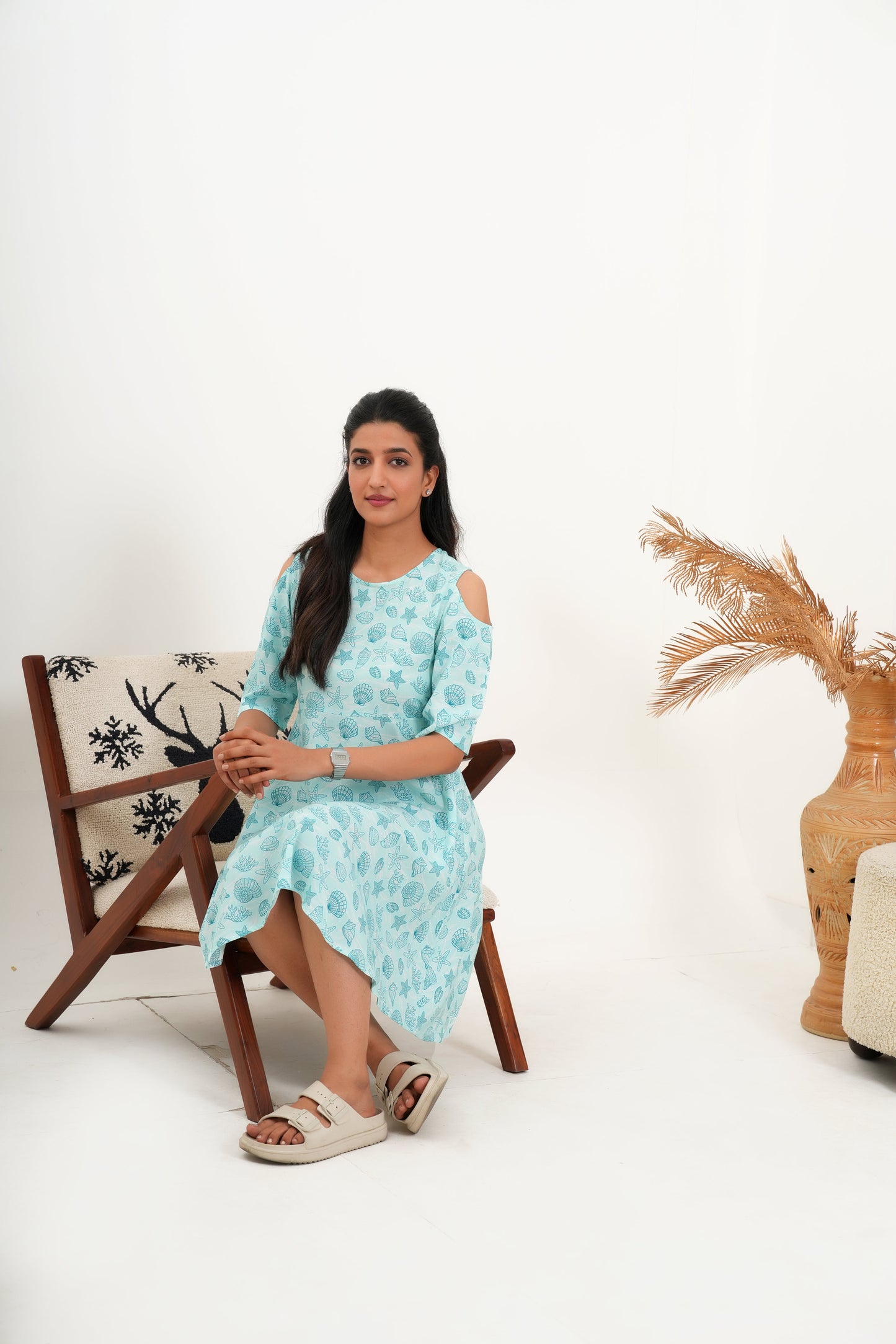 Midi A-Line Dress for Women – Tropical Print Resort Wear