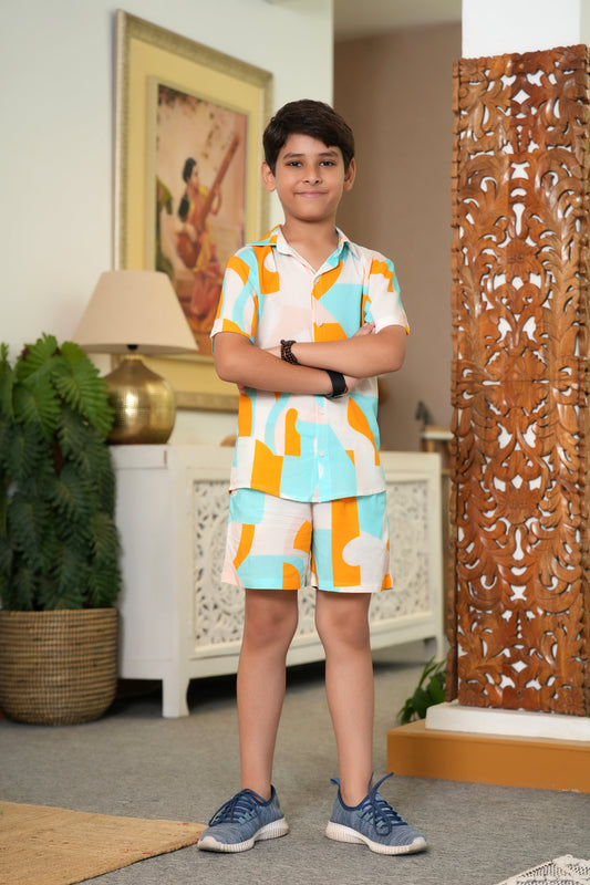 Boy’s Abstract Co-Ord Set – Turquoise & Orange Shirt & Shorts