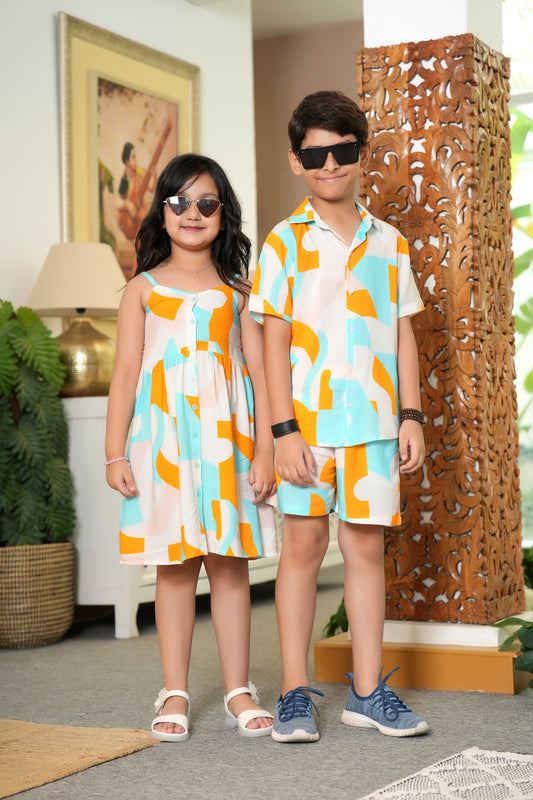 Brother & Sister Matching Abstract Outfit – Turquoise & Orange Vacation Wear