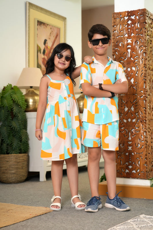 Brother & Sister Matching Abstract Outfit – Turquoise & Orange Vacation Wear