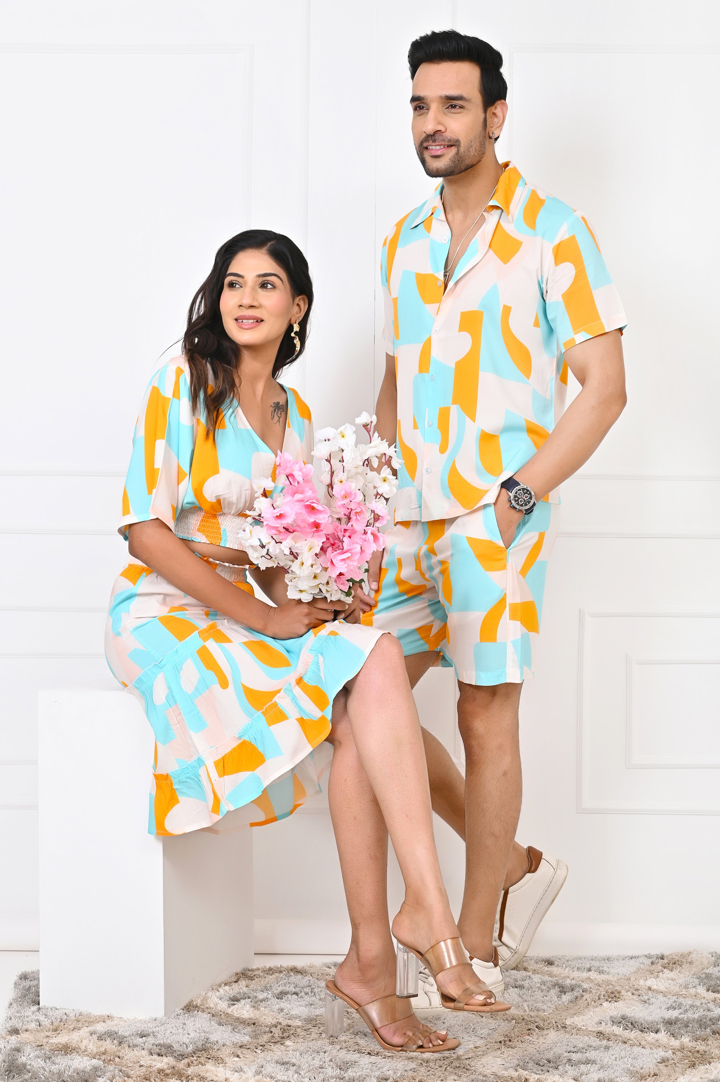 couples matching shirt and dress NoonSun - Couple Matching Puff-Sleeve Midi A-Line Dress / Shirt / Straight  Leg Pants