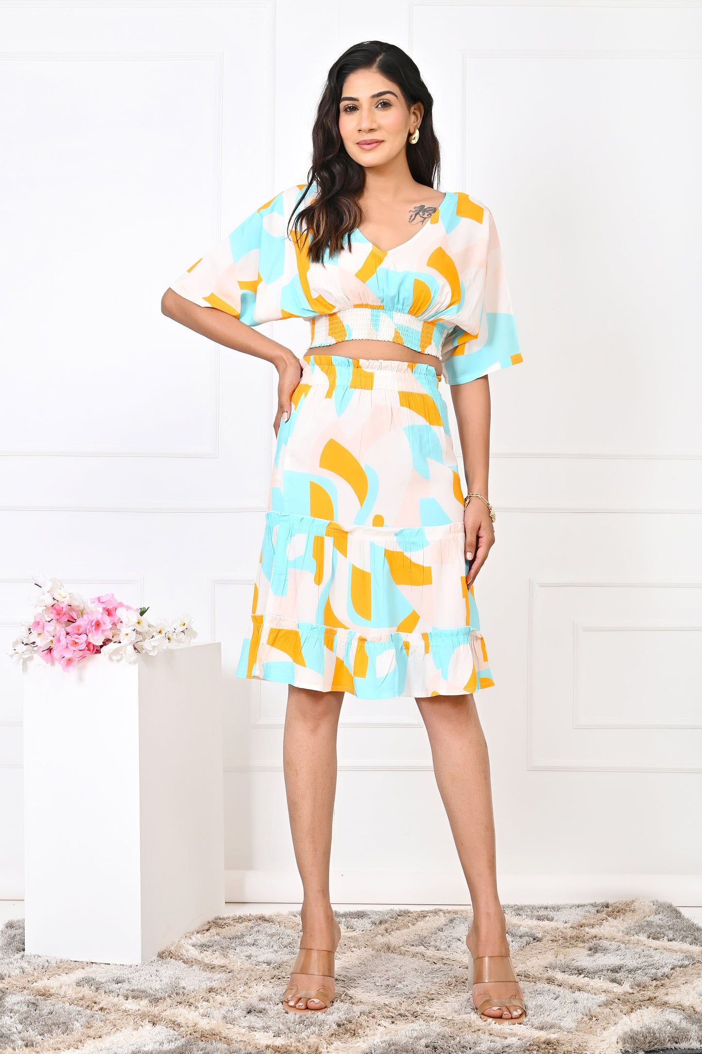 Women’s Abstract Co-Ord Set – Turquoise & Orange Top & Skirt