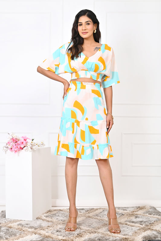 Women’s Abstract Co-Ord Set – Turquoise & Orange Top & Skirt