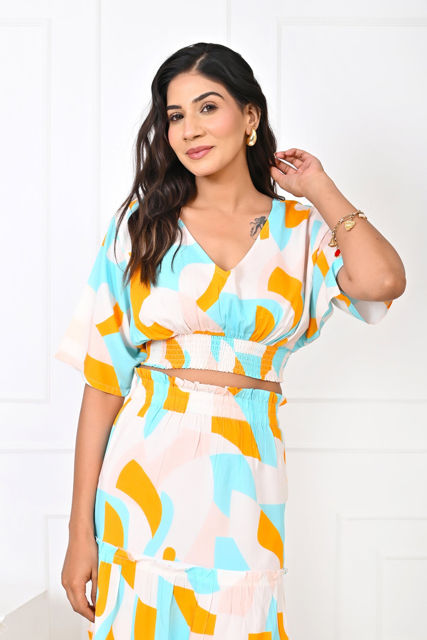 Women’s Abstract Co-Ord Set – Turquoise & Orange Top & Skirt