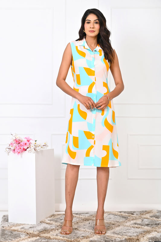 Women’s Abstract Kurta Dress – Elegant Turquoise & Orange Resort Wear