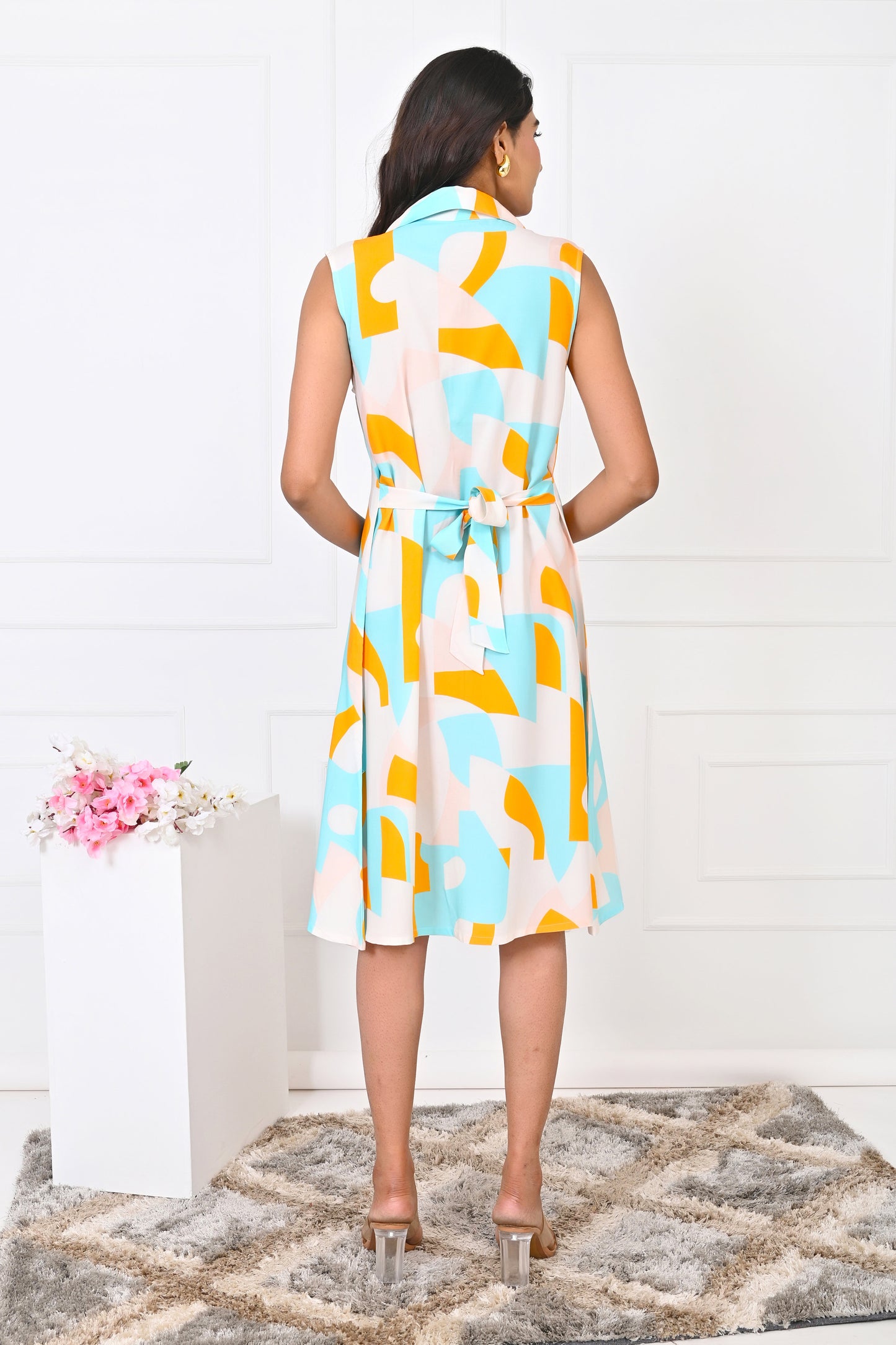 Women’s Abstract Kurta Dress – Elegant Turquoise & Orange Resort Wear