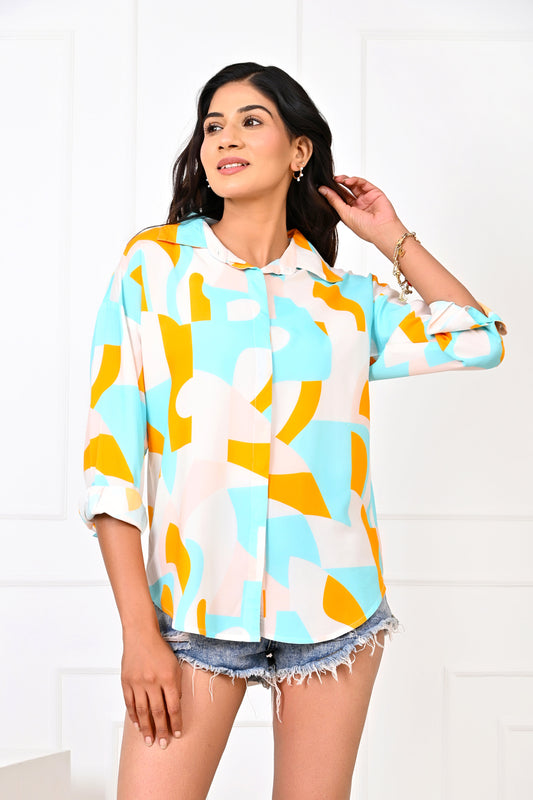 Women’s Abstract Print Short Dress – Turquoise & Orange Summer Outfit