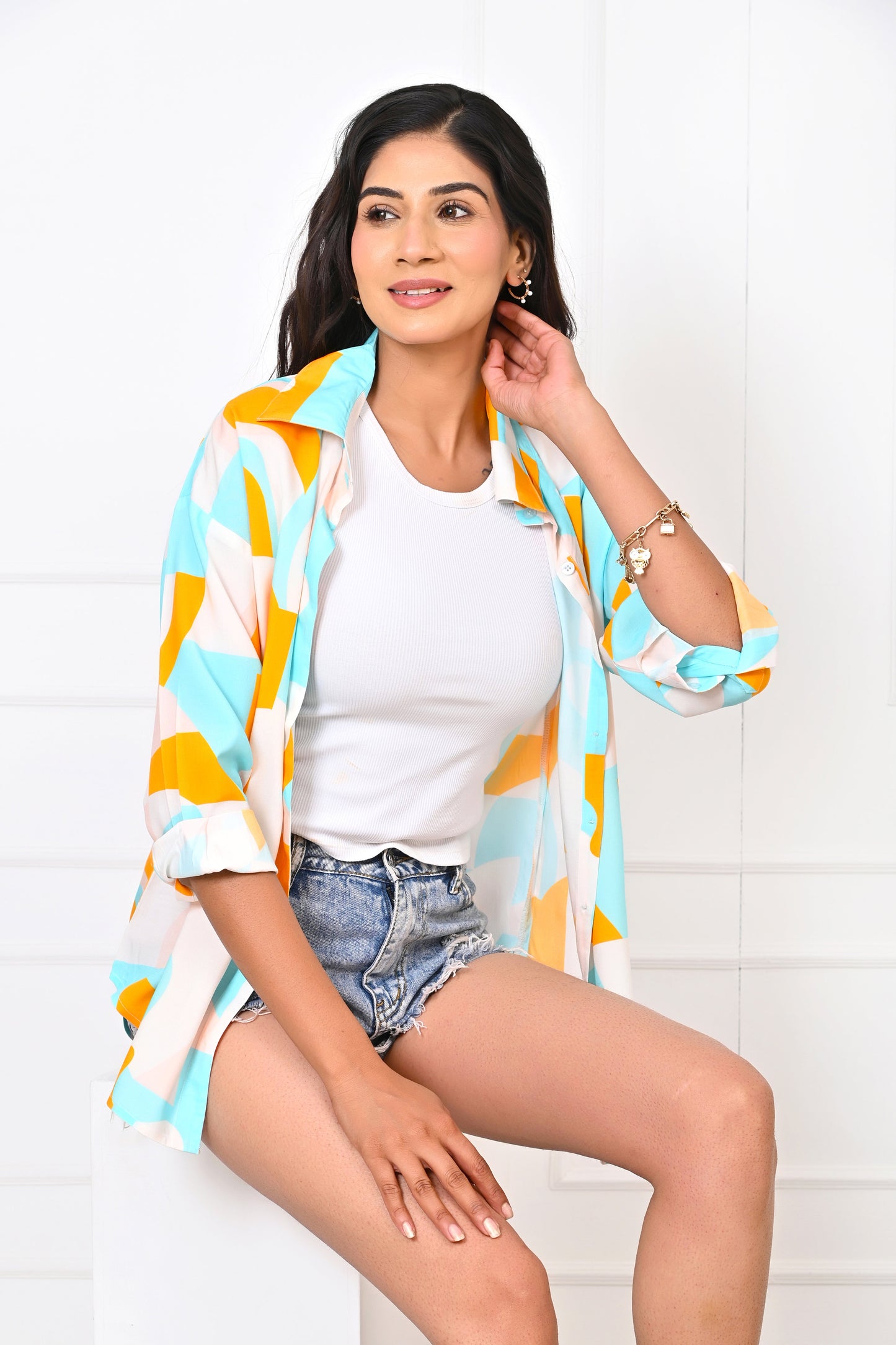 Women’s Abstract Print Short Dress – Turquoise & Orange Summer Outfit