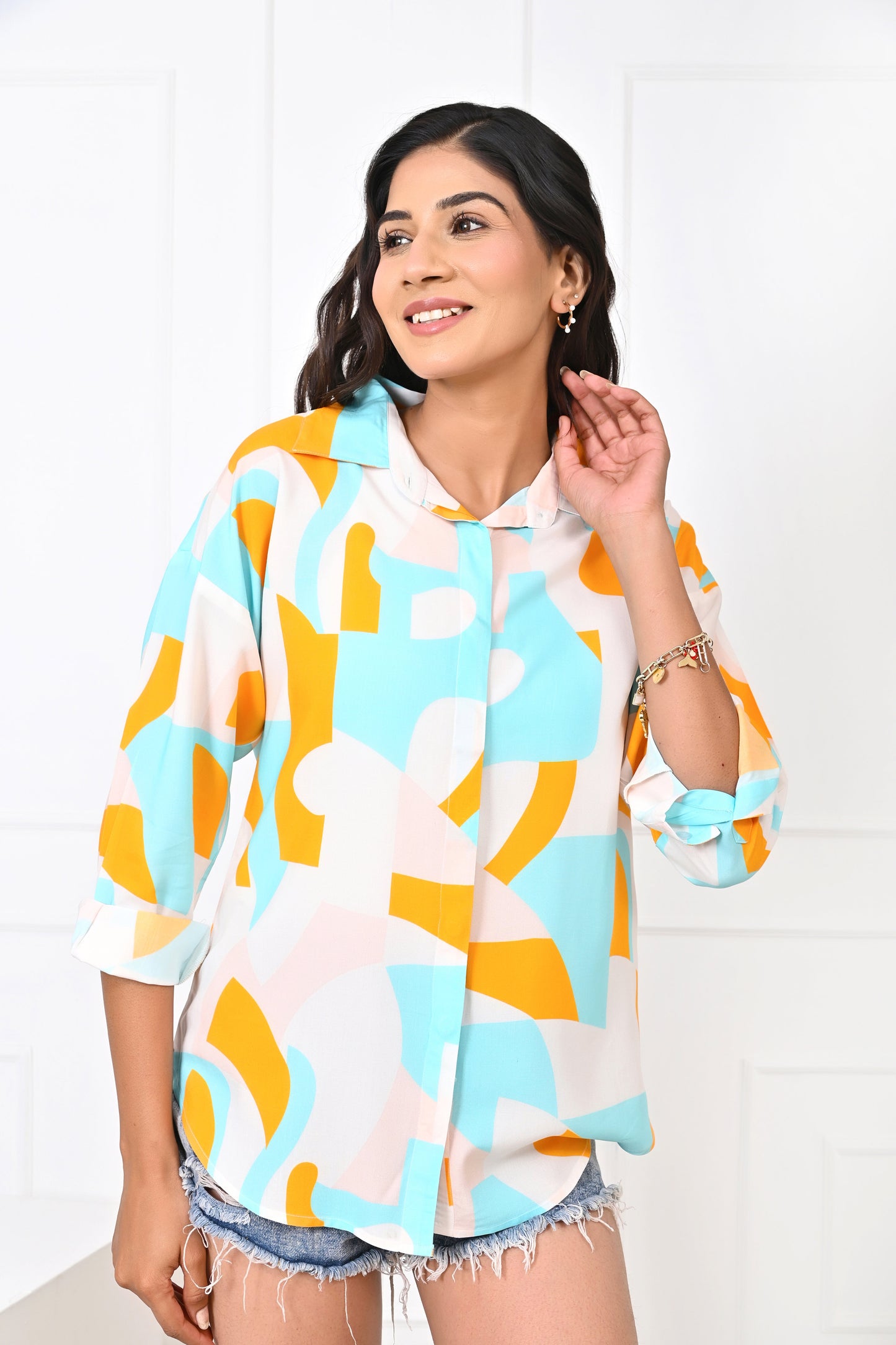 Women’s Abstract Print Short Dress – Turquoise & Orange Summer Outfit